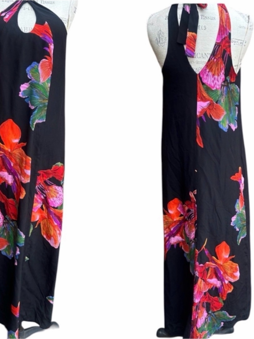 Maeve Black Dress with vibrant floral tropical flowers